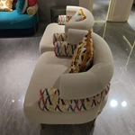 Creamy White & Teal Gradient Velvet Sofa Set with Monogram Jacquard Craftsmanship, Roller Armrests & Gold Stainless Steel Accents